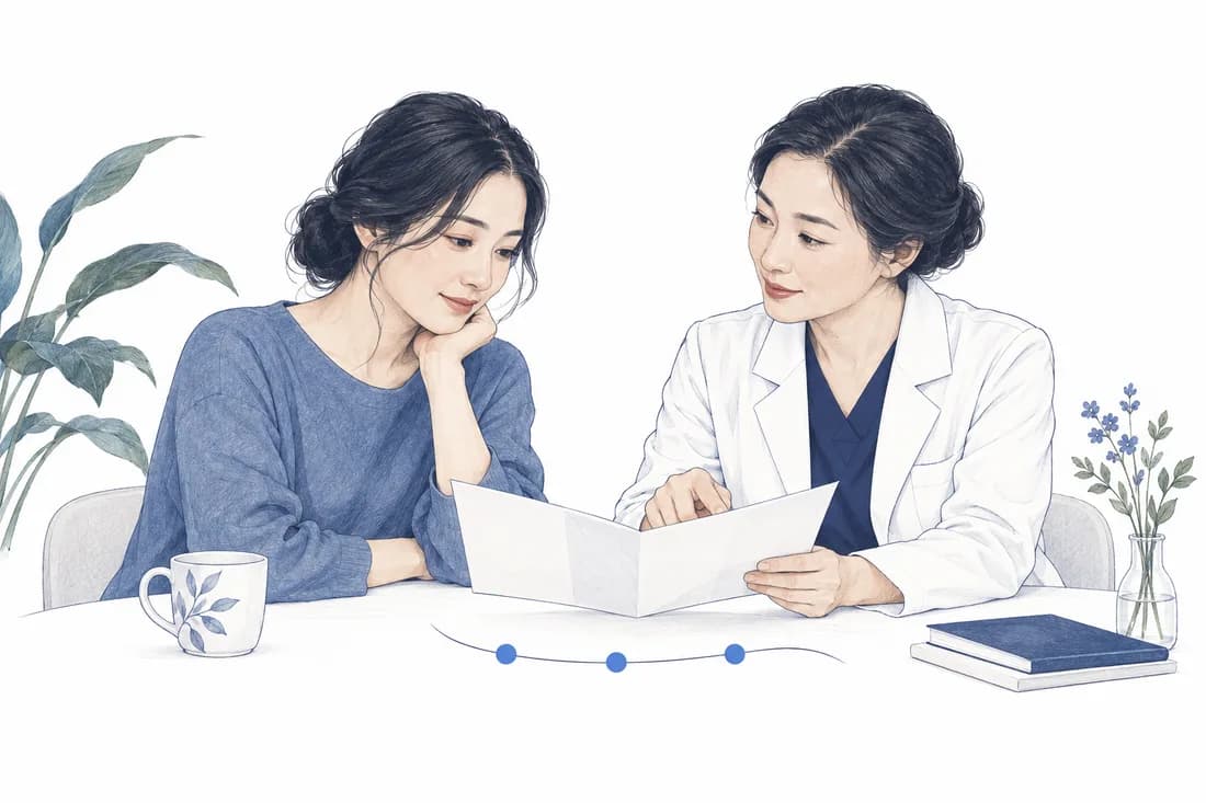 女性与医务人员坐在桌旁沟通的插画